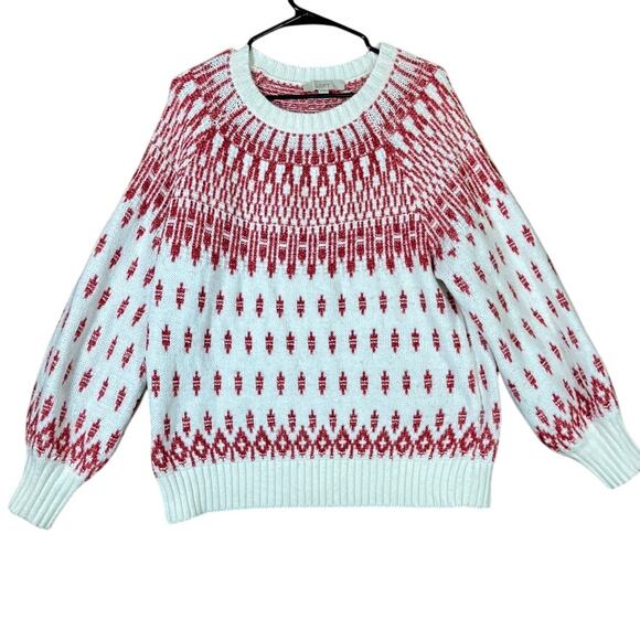 LOFT Womens Sweater White Red Fair Isle Comfy Winter Wool Blend XLarge - Picture 1 of 12
